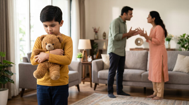 indian child emotionally affected by parental disagreement at home representing family stress relationship problems mental health awareness and emotional support