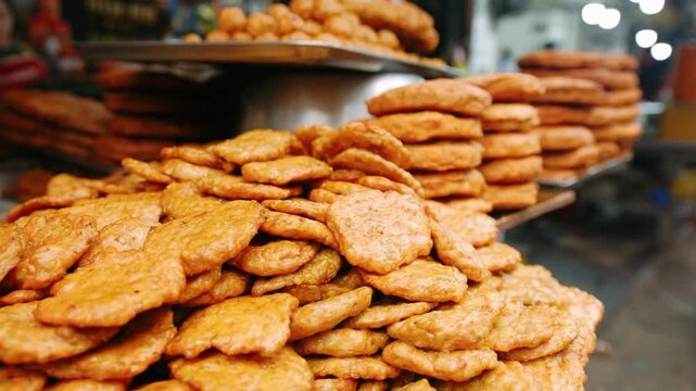 Close up of vietnamese fried fish cake, on a food stall in a street market in southeast asia