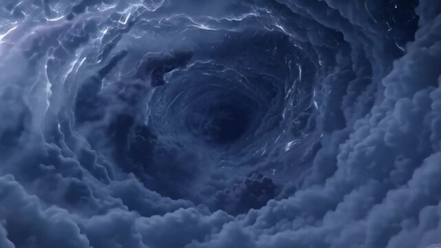 Abstract background featuring a swirling dark storm cloud tunnel formation in the sky.