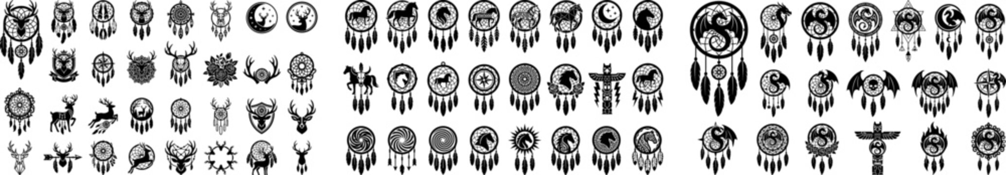 Collection of various dreamcatcher and tribal symbols with feathers and circular patterns on white background for decoration and spiritual inspiration  bohemian art