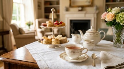 Fototapeta premium Elegant afternoon tea service with teacup, teapot, tiered pastries, scones, floral arrangement and warm residential hospitality background