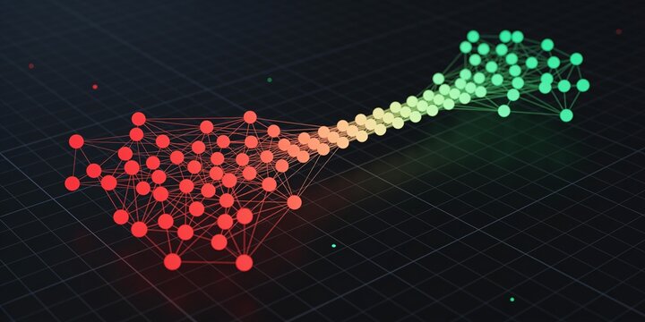 Technology risk remediation background with red vulnerable network nodes transitioning to green stable data grid on dark isometric cyber security header