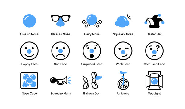 Clown props and facial expression icons on white background