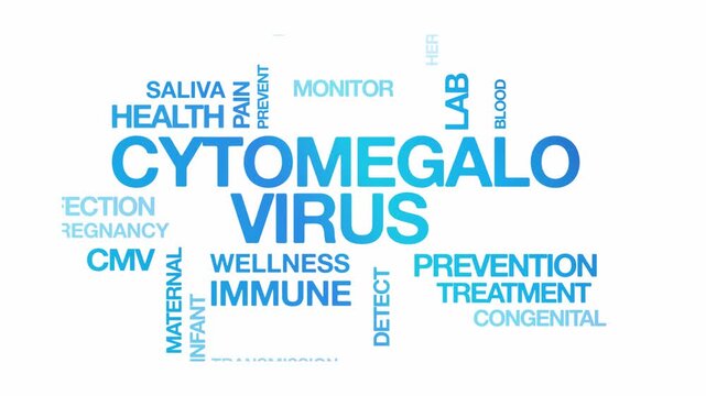 Cytomegalovirus CMV concept Animated Tag Word Cloud kinetic typography, Text Design Animation typography seamless loop video motion graphics Intro Wordart arrangement blue type on white background bg