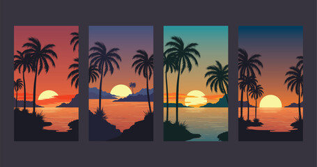 Fototapeta premium Collection of covers with a tropical landscapes with silhouettes of palm trees by the water at sunset. Vector illustration