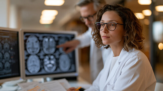 Radiology resident sits before dual neuroimaging monitors reviewing a psychiatric diagnosis brain atlas comparison study, highlighting annotations on printed scan sheets, a