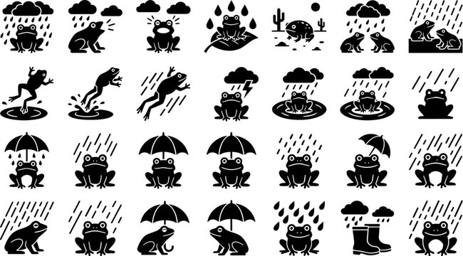 Black silhouettes of frogs and toads in various poses and rain scenarios with clouds and umbrellas  frogs in rain puddles and on leaves