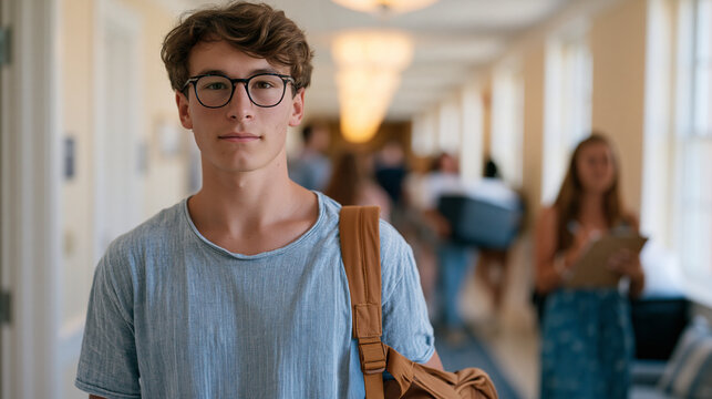 Anxious college freshman dragging overpacked rolling suitcase through a crowded dormitory hallway during move-in weekend, parents trailing behind carrying bedding bins while