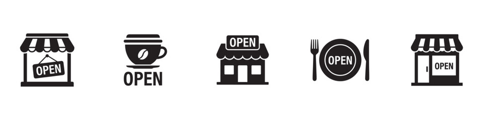 Cafe, store and restaurant open icon set. Coffee shop entrance, retail marketplace building facade, dining plate with cutlery and grocery open symbols. Vector illustration.