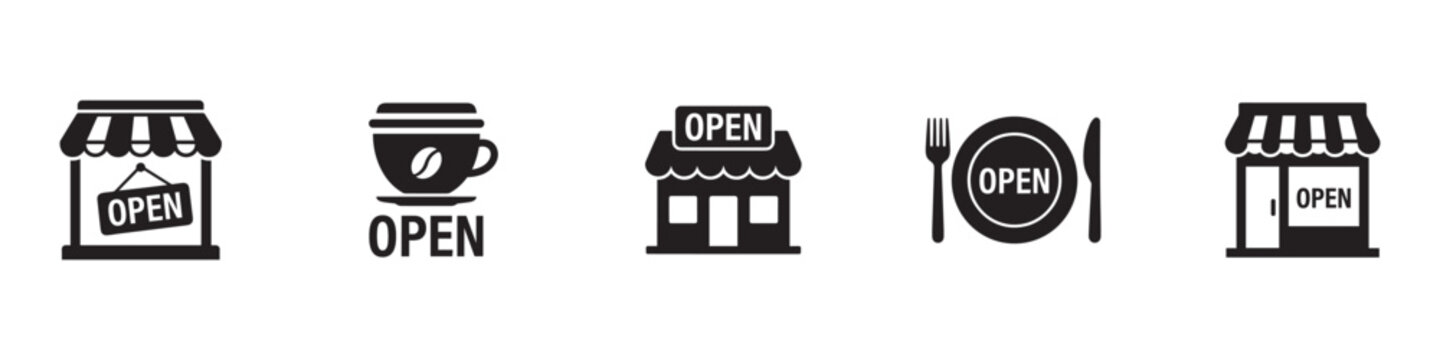 Cafe, store and restaurant open icon set. Coffee shop entrance, retail marketplace building facade, dining plate with cutlery and grocery open symbols. Vector illustration.