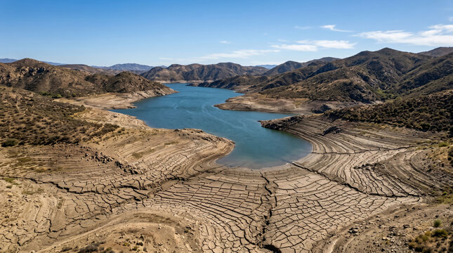 Aerial View of Drought Stricken Reservoir with Exposed Shoreline and Low Water Levels