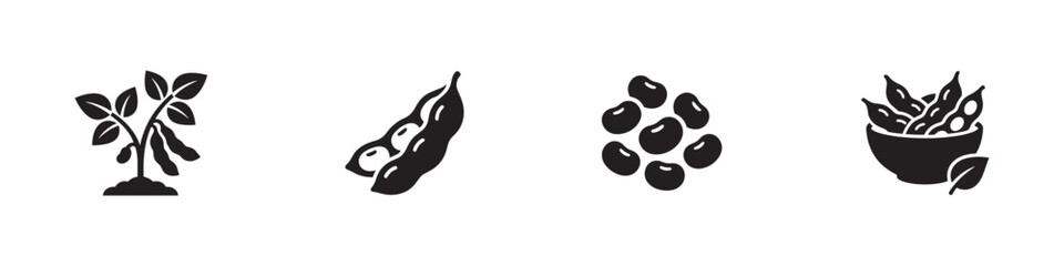 Edible organic soybean icon set. Raw plant in soil, dry beans cluster, pods and soya bowl symbols. Vector illustration. © Roberto_Caravelli