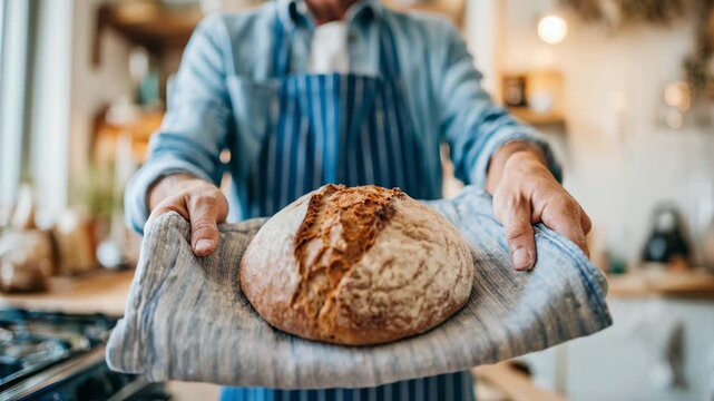 Baker proudly presents freshly baked artisan sourdough bread from the oven