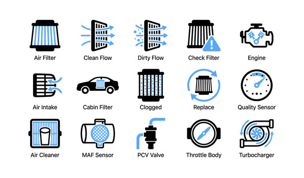 Automotive air filter icons showing components and maintenance indicators