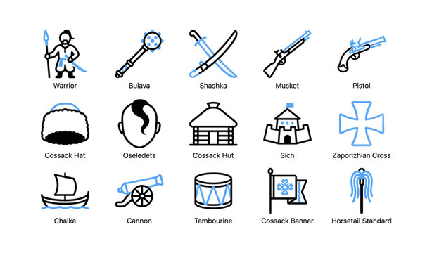 Cossack symbols and weapons arranged in grid on white background