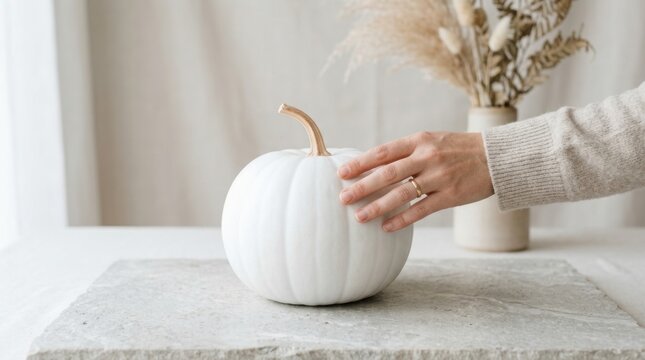 Close-up of a woman's hand gently touching a minimalist white pumpkin on a concrete table runner, creating a cozy autumn aesthetic.