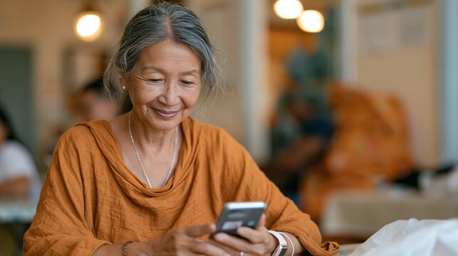 Immigrant grandmother sending cross-border remittance through cheap mobile transfer app at community center table, September afternoon light, diaspora financial inclusion and