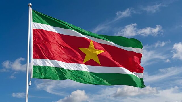 Suriname flag waving proudly against a clear blue sky with clouds