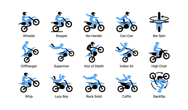 Motorcycle stunt icons showing riders performing tricks on white