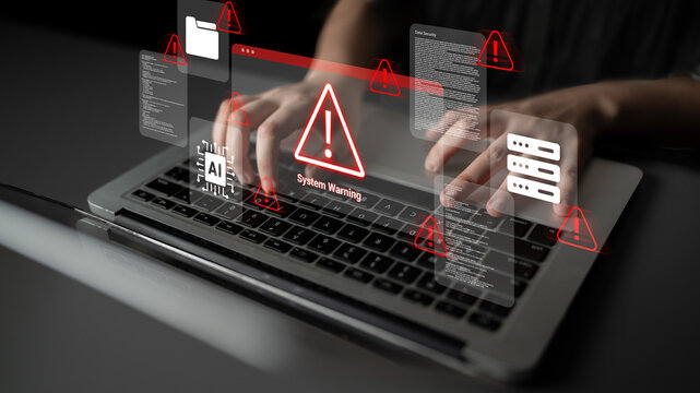 A high-tech scene showing hands typing on a laptop, surrounded by digital system warning alerts and notifications, representing cybersecurity challenges and technological threats. Cyphers