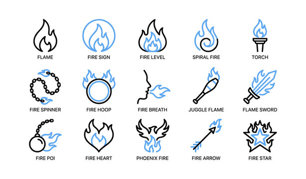 Fire icons set illustrating flame symbols and tools on white background