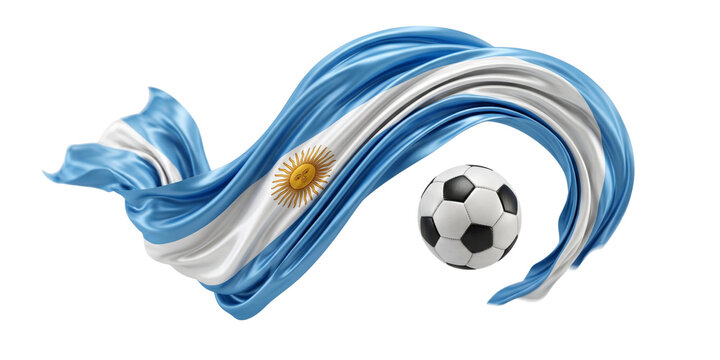 Argentina flag fabric waving with a soccer ball isolated on white background