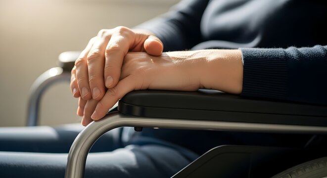 Senior Hands Resting on a Wheelchair Armrest Close Up infected with the polio virus