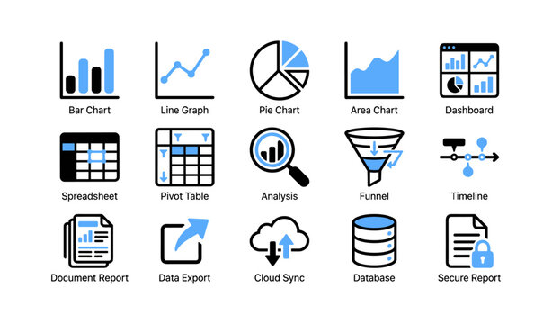 Data visualization icons showing charts, tables and reports