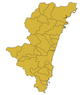 Outline Vector Map of Miyazaki Prefecture With County of Japan