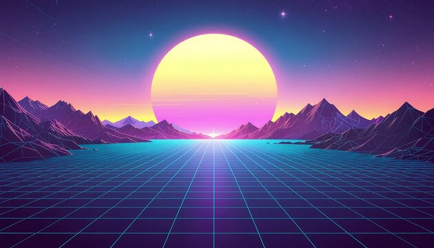Synthwave Sunset over Digital Mountain Landscape