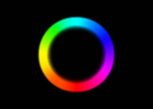 Rainbow circle radial gradient frame isolated on black background. Vibrant spectrum color ring wheel with full hues range. Round RGB palette. Vector illustration