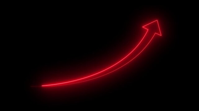 Red neon arrow rising upwards in three sequential frames dark background footage upward trend glow light