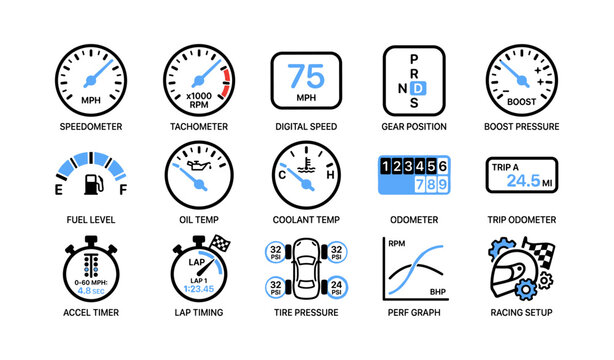 Vehicle dashboard gauges showing speed tachometer fuel and temp
