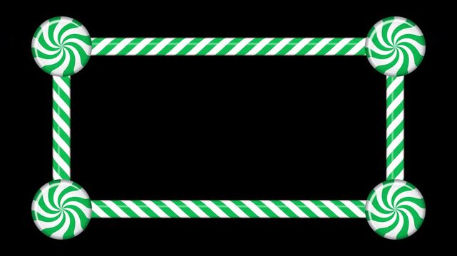 Rectangle candy cane frame animation with green and white striped lollipop pattern. Perfect for holiday decoration. Winter holidays theme. 4K animation. Transparent background with alpha channel