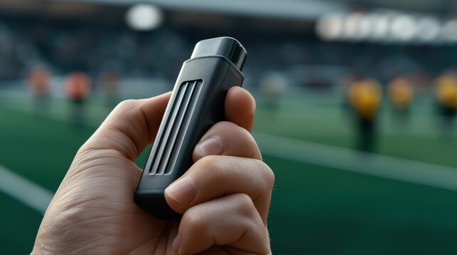 A hand holding a sports referee whistle with a blurred stadium and players in the background.