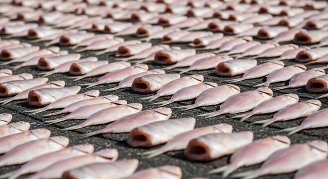 太陽光で大量の魚が天日干しされている様子を写す