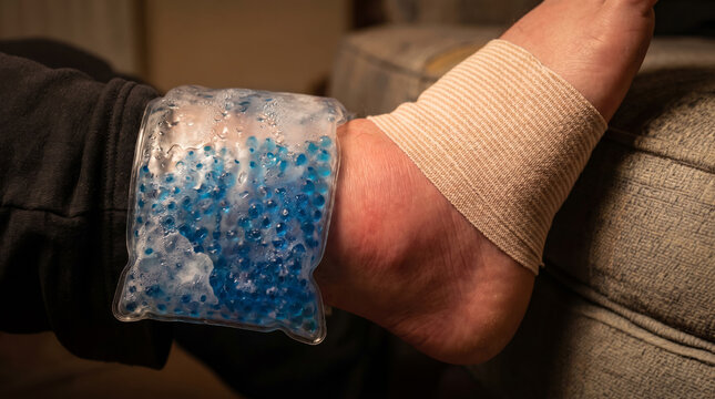 Emergency first aid for sprained ankle with flexible blue gel cold pack strapped.