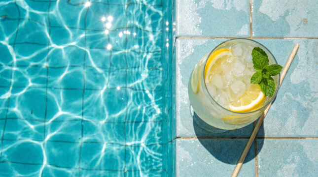 Aerial top down shot of cold lemonade glass by the bright blue swimming pool summer vacation