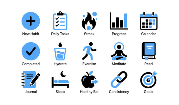 Habit tracker icons arranged in grid on white background