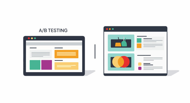 Flat design illustration of A/B testing, comparing two website layouts with colorful blocks