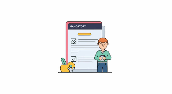 Person holding phone before a checklist marked "MANDATORY" with a stylized pen holder