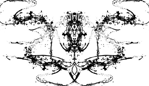 Manchas de tinta negras sobre fondo trasparente,  figura abstracta tipo Rorschach. Sugiere formas org&aacute;nicas y ca&oacute;ticas.