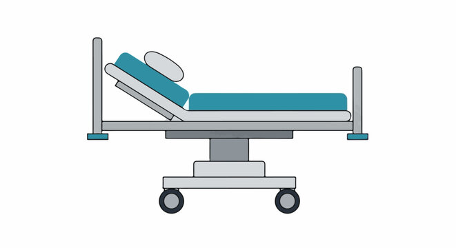 Adjustable hospital bed with headrest, wheels, and elevated foot