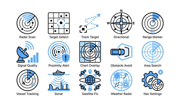 Radar and navigation system icons for vessel and aviation grid