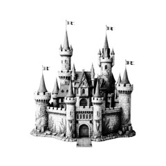 Fototapeta premium Fairytale medieval castle in black and white halftone style. Fantasy fortress illustration with towers and flags, storybook architecture isolated on light background.