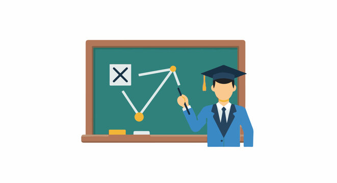 A teacher in a graduation cap explains a graph with a pointer at a chalkboard