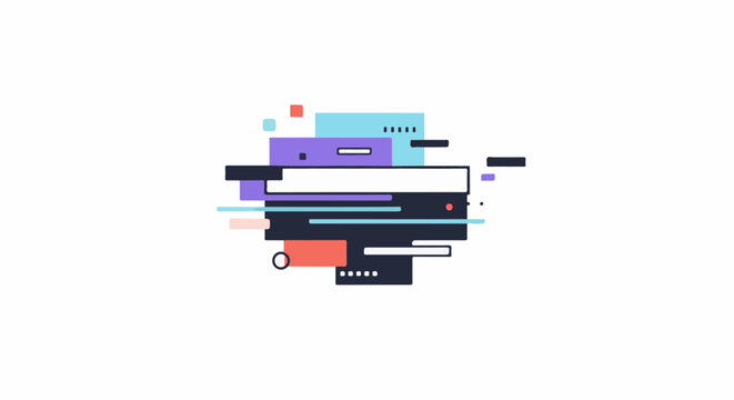 Abstract composition of colorful geometric shapes and lines, creating a dynamic, modern design