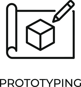 Minimalist black outline icon showing a pencil drawing a three dimensional cube on drafting paper