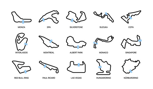 Collection of race track circuit outlines arranged on white