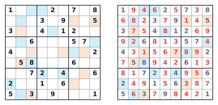 Sudoku puzzle 9x9 hard challenge for adults, printable with answers A4, even and odd cells highlighted
